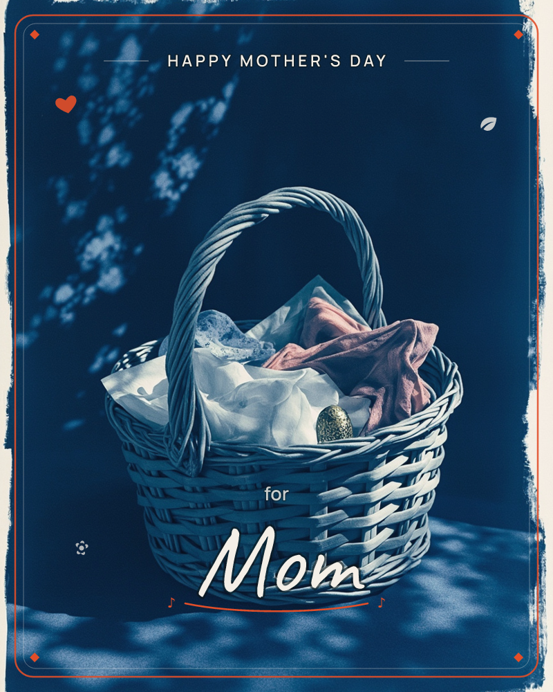 A woven wicker basket sits against a deep navy backdrop, dappled with soft leafy shadows cast from unseen sunlight, a mothersday e-card design