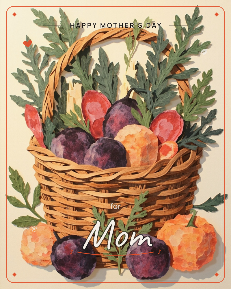 A woven wicker basket sits heaped with dark plums, a soft peach, and slices of pink-fleshed fruit, with feathery green sprigs tucked among the harvest…, a mothersday e-card design
