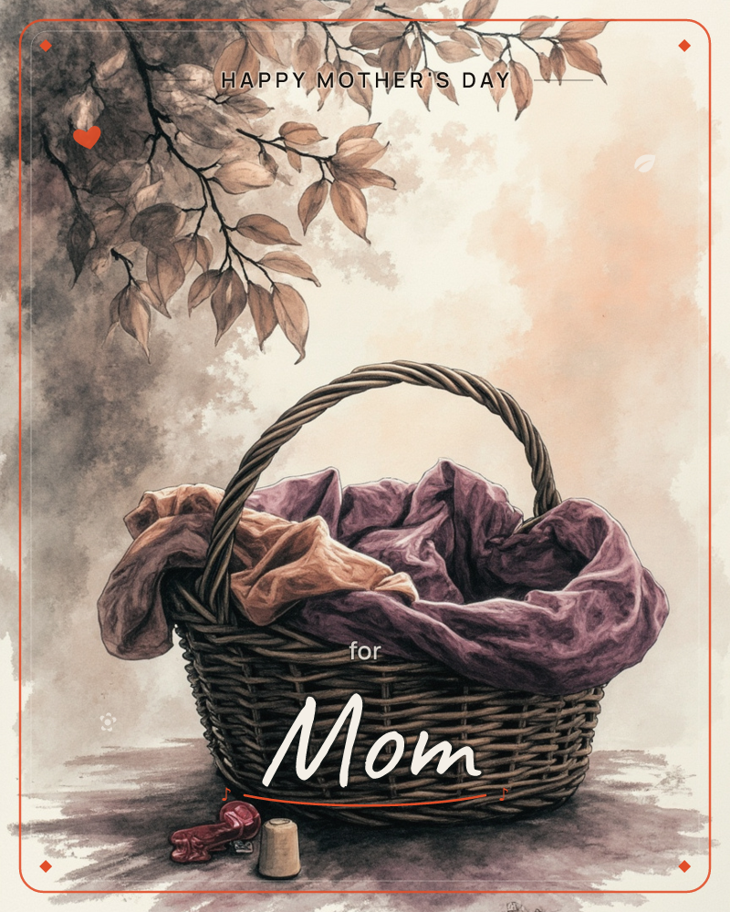 A woven wicker basket sits beneath a hanging branch of autumn leaves, its interior spilling over with soft folds of purple and mustard-toned fabric, a mothersday e-card design
