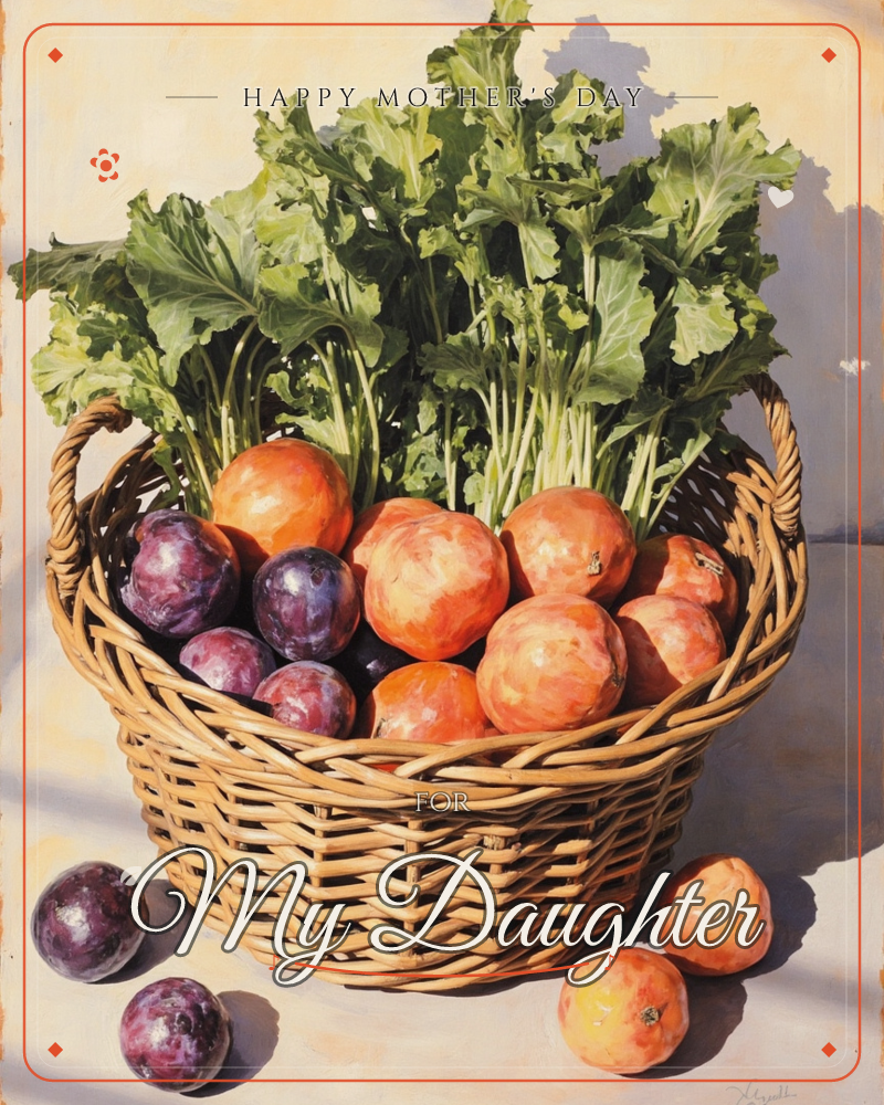 A woven wicker basket sits piled with orange-hued fruit, dark purple plums, and tall leafy green stems bursting out the top like a bouquet, a mothersday e-card design