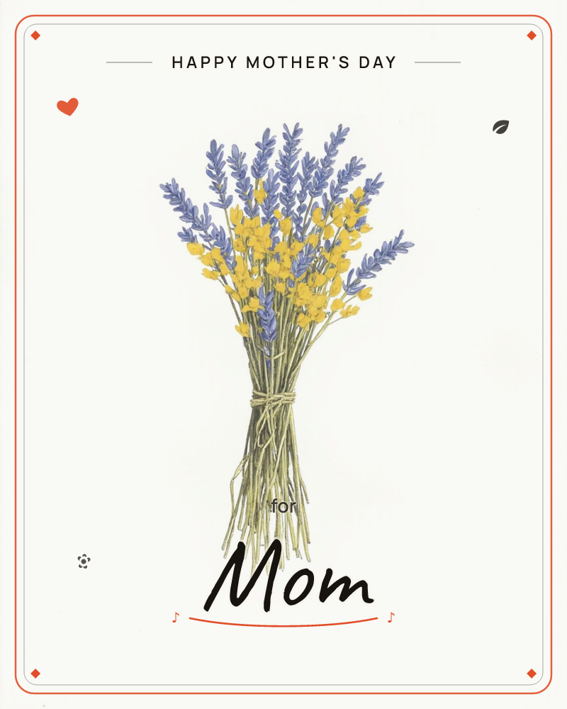 A hand-tied bundle of lavender and yellow wildflowers stands against a plain white background, its long stems gathered with twine and left loose at the…, a mothersday e-card design