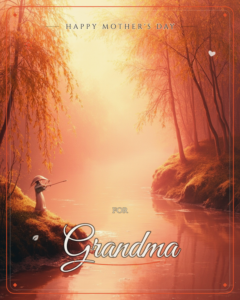 A lone figure in a wide conical hat stands fishing from a mossy riverbank, autumn trees glowing gold and amber on either side of the still water, a mothersday e-card design