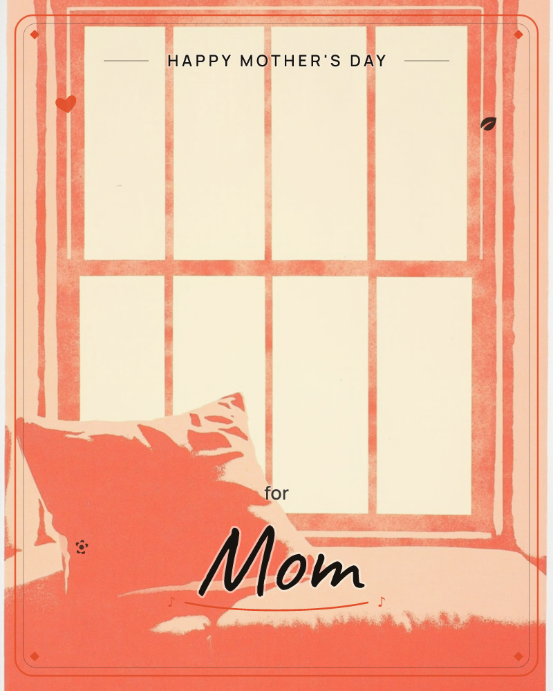 A quiet window seat glows in monochrome coral and cream, sunlight bleaching the eight window panes to a soft ivory, a mothersday e-card design
