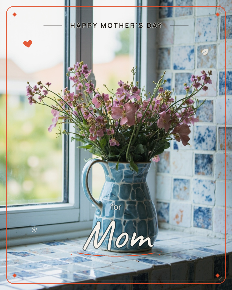 A blue-and-white ceramic jug filled with delicate pink wildflowers sits on a tiled windowsill, its mosaic pattern echoing the patchwork blue tiles…, a mothersday e-card design