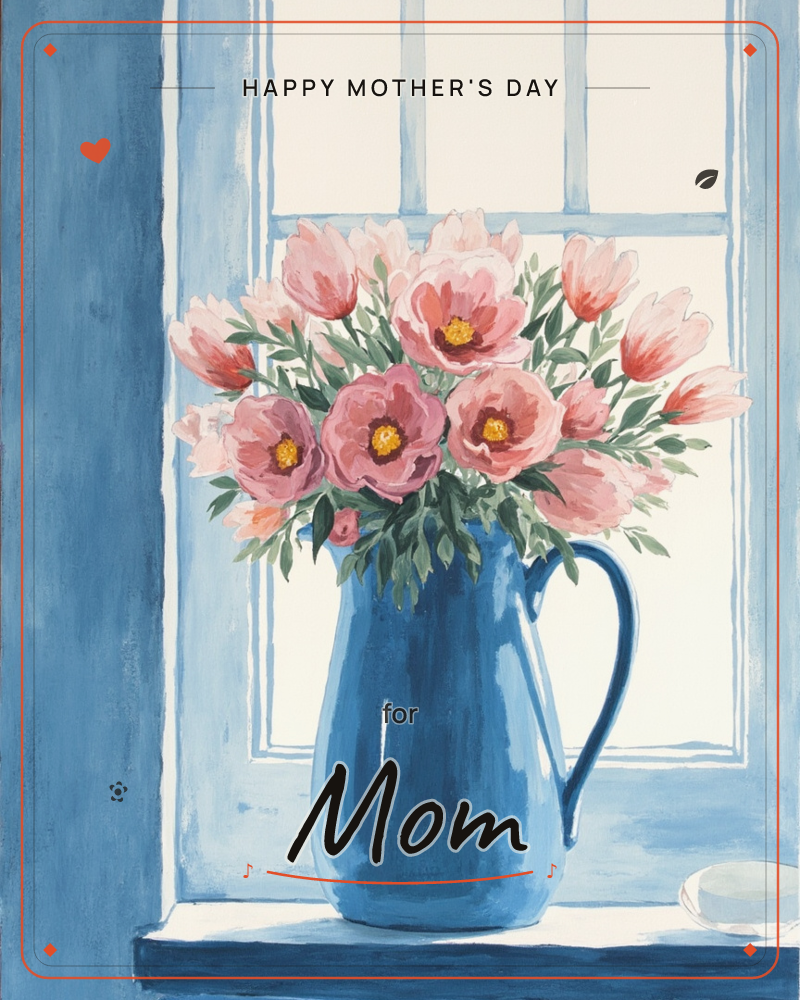A blue ceramic pitcher filled with pink poppies and tulips sits on a windowsill, backlit by pale light through a paned window, a mothersday e-card design