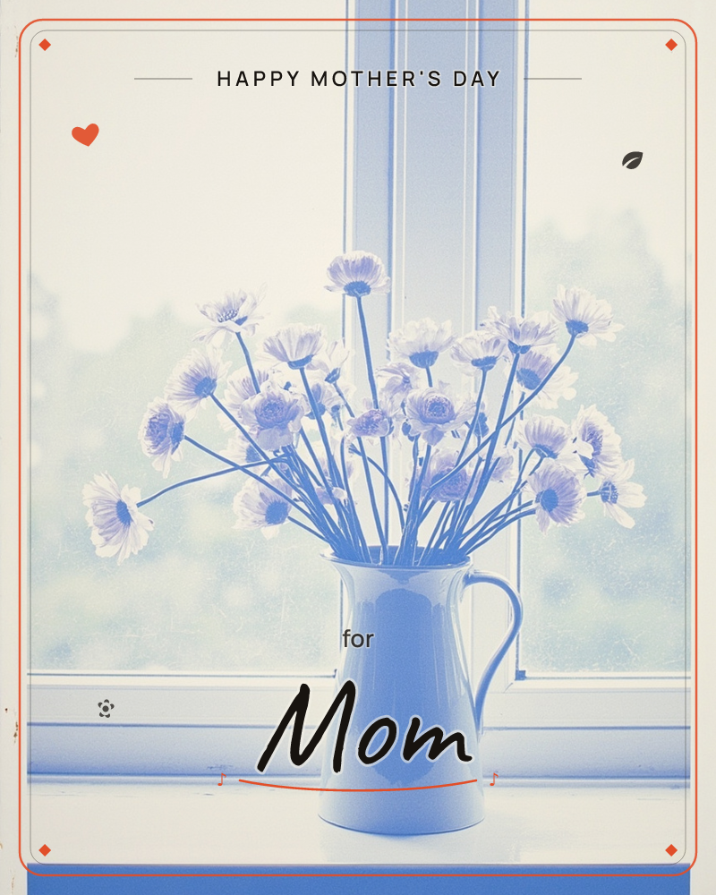 A pale blue jug crowded with daisy-like blooms sits on a windowsill, backlit by soft daylight through a paned window, a mothersday e-card design