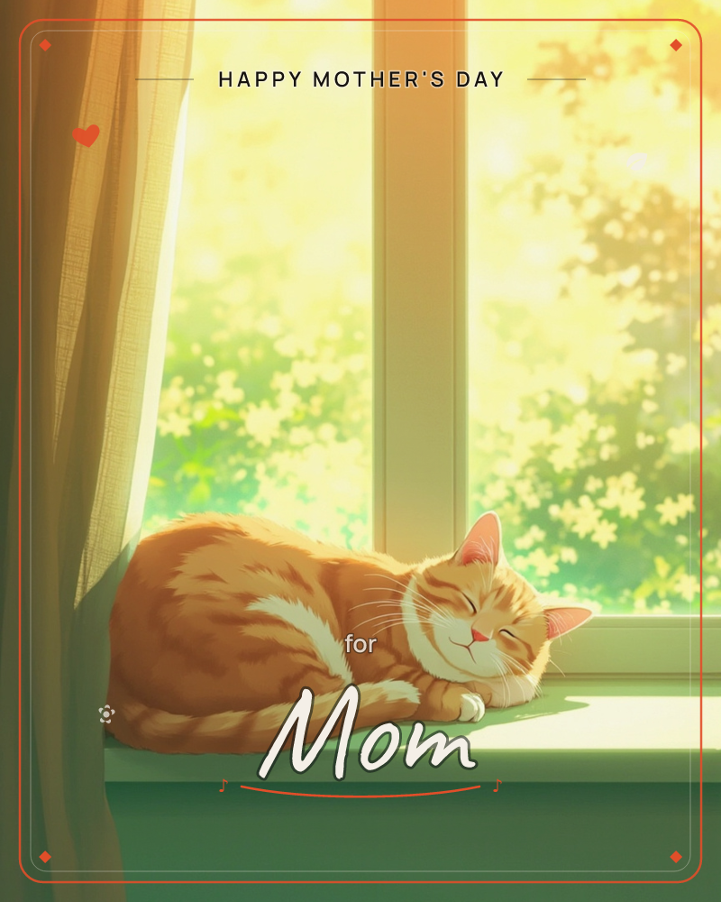An orange tabby cat curls up asleep on a sunlit windowsill, front paw tucked under its chin, while golden afternoon light pours through the glass, a mothersday e-card design