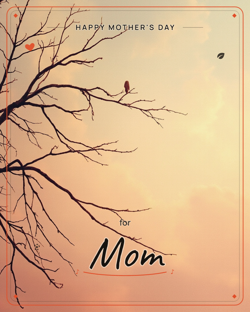 A bare, leafless tree branches spread in silhouette against a glowing dusk sky, its fine twigs reaching like cracks across the fading light, a mothersday e-card design