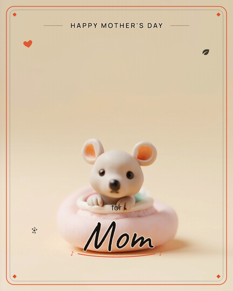 A tiny clay mouse with big round ears peeks out from inside a soft pink donut-shaped float, resting on a warm cream background, a mothersday e-card design