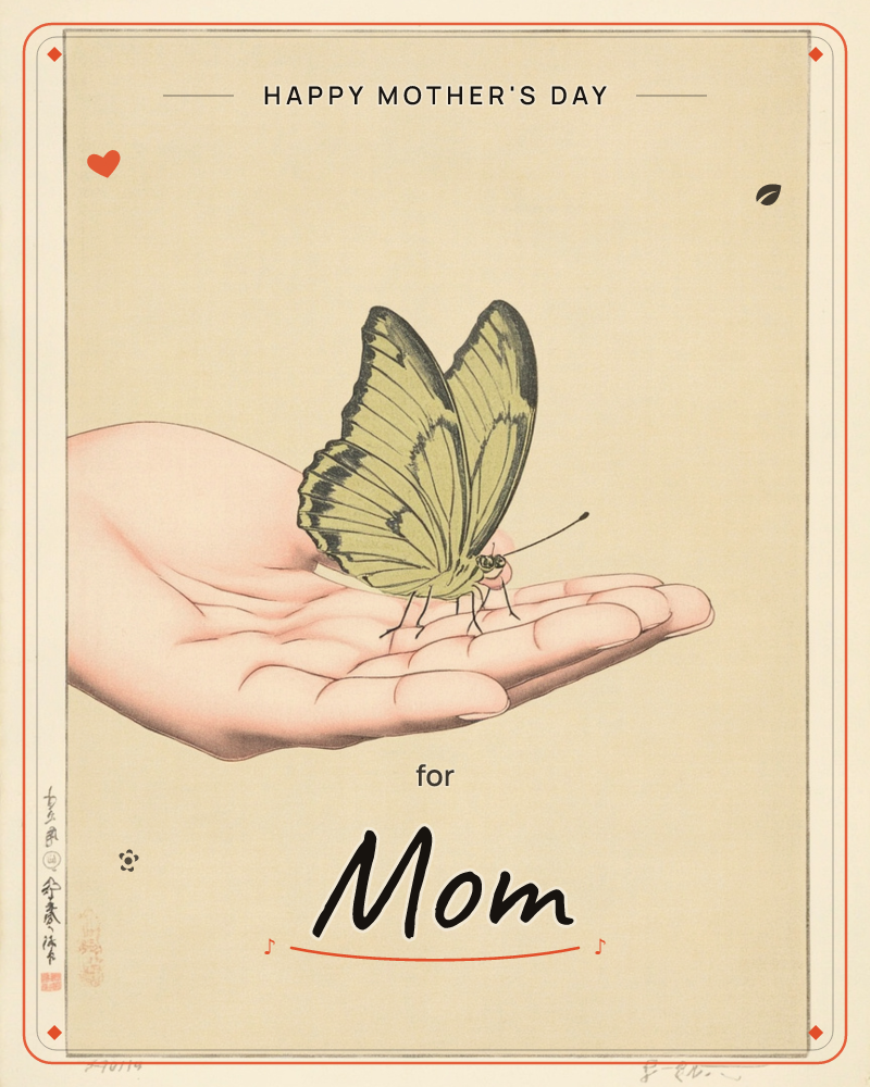 An open palm is held out flat, and a pale yellow-green butterfly rests gently on the fingertips with its wings raised together, a mothersday e-card design