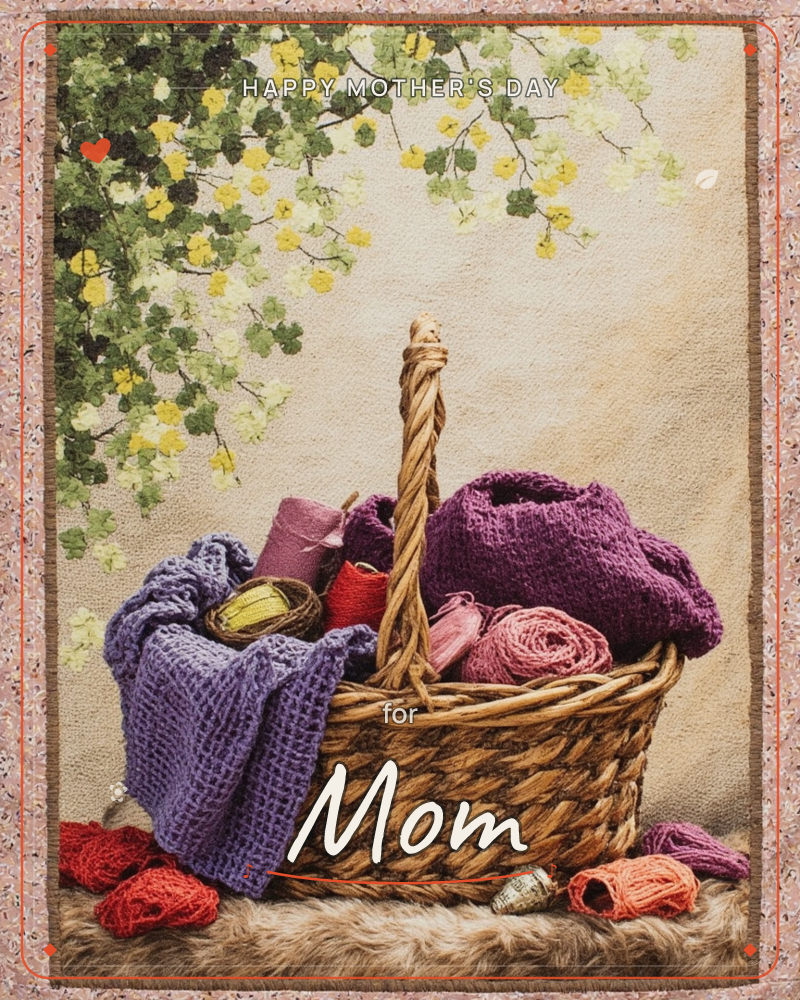 A woven wicker basket sits full of knitted textiles and skeins of yarn in shades of purple, mauve and rust, spilling loose threads onto the floor below, a mothersday e-card design