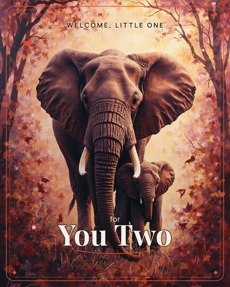 An adult elephant stands face-on beneath an autumn canopy, its calf sheltered close against its front legs, a new baby e-card design
