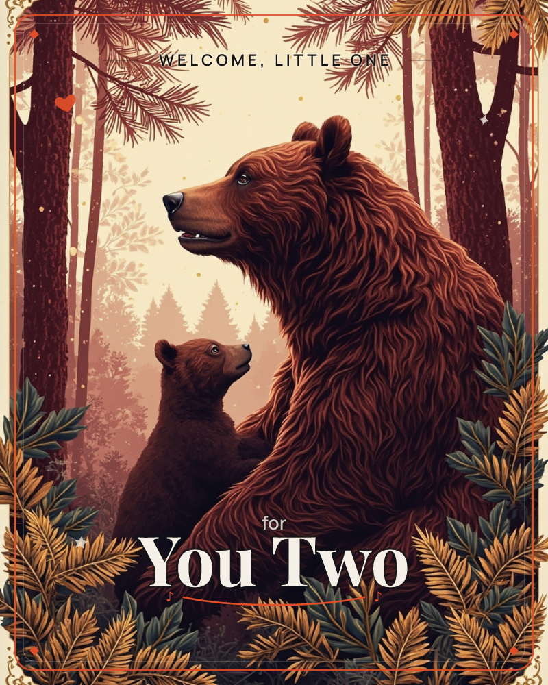 A large brown bear sits in a pine forest at dusk, gazing off to the side while a smaller cub looks up adoringly at it, a new baby e-card design