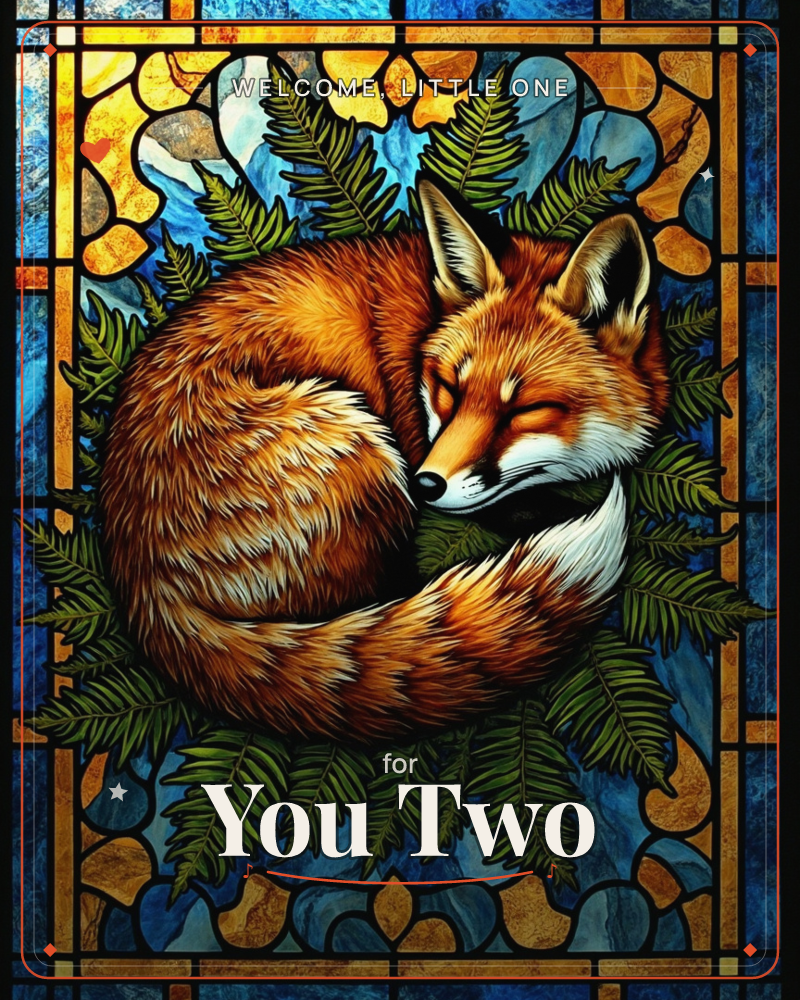 A red fox curls into a sleeping circle, tail wrapped over its nose, nestled among green fern fronds, a new baby e-card design