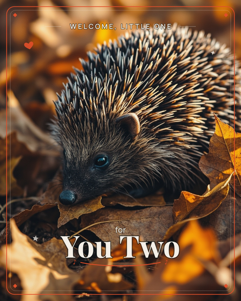 A hedgehog noses through a deep bed of dry autumn leaves, its spines catching warm golden light against the shadowy woodland floor, a new baby e-card design