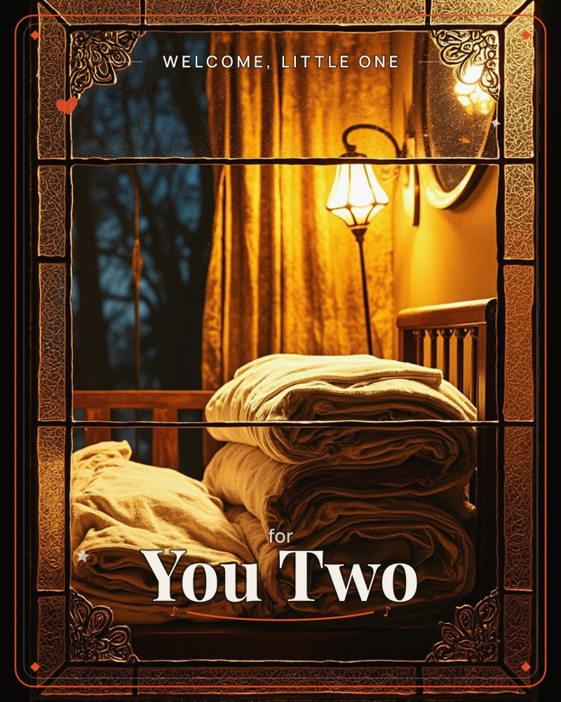 A cosy bedroom corner glows through an ornate window frame, where a stack of folded blankets rests beside a wooden headboard, a new baby e-card design