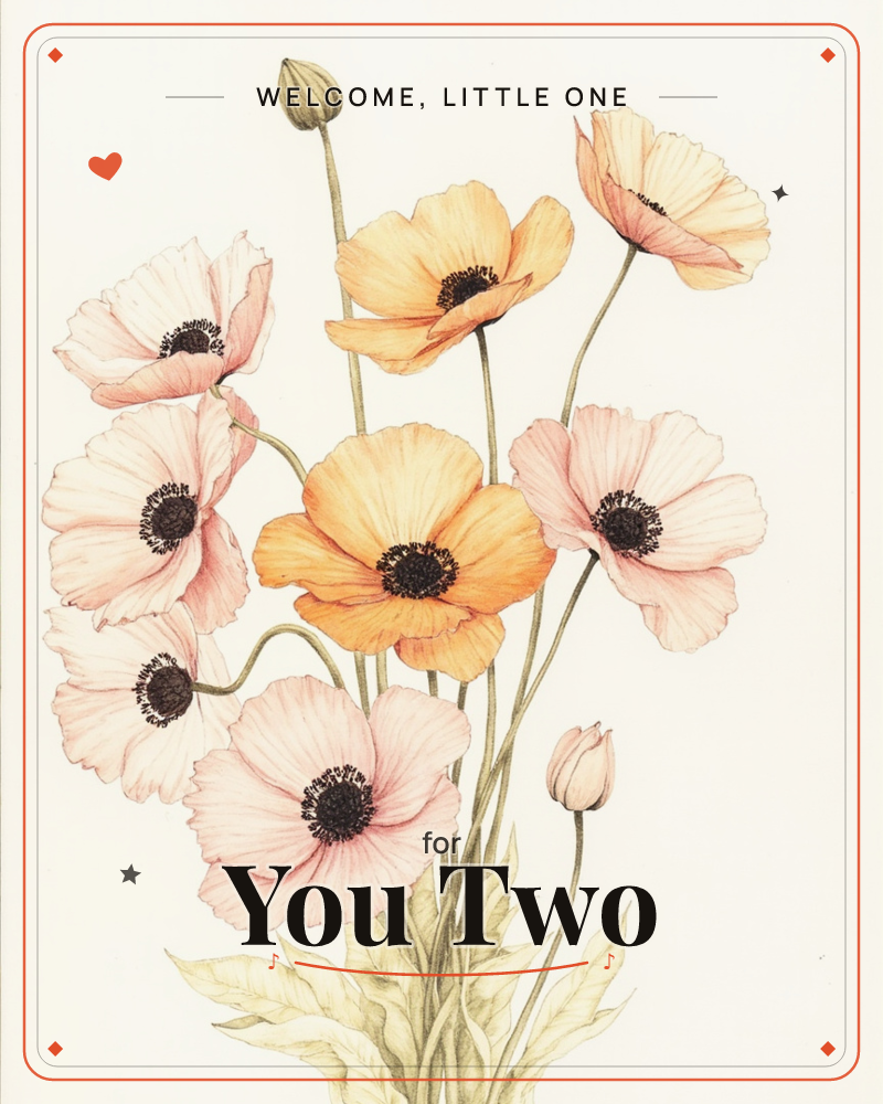 A cluster of poppies leans together on a plain cream background, their crepe-thin petals painted in soft blush pinks and warm apricot oranges around…, a new baby e-card design