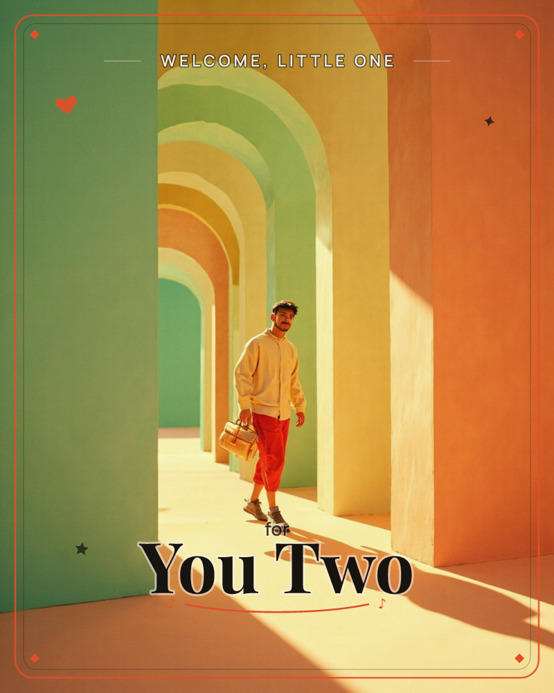 A man in a cream jacket and red trousers strolls through a corridor of painted arches, each one glowing a different sunset shade of green, yellow, and…, a new baby e-card design