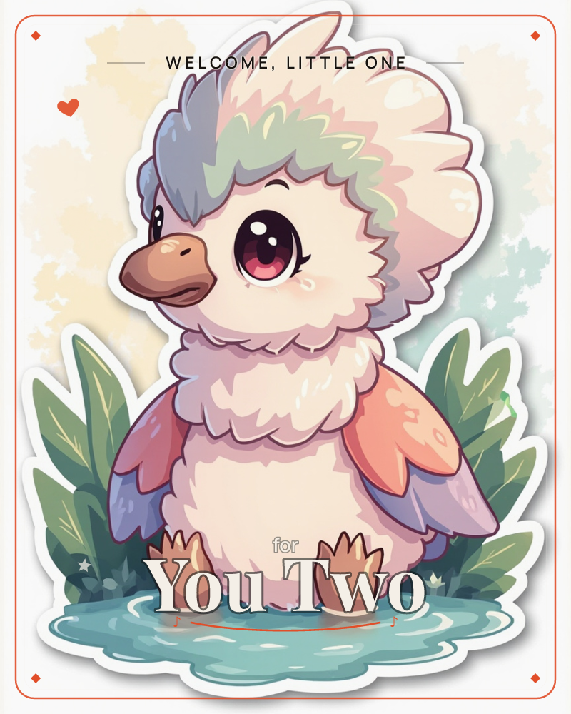 A sticker-style illustration shows a round, fluffy baby bird with pastel plumage in cream, pink, and mint tones, standing ankle-deep in a shallow puddle, a new baby e-card design