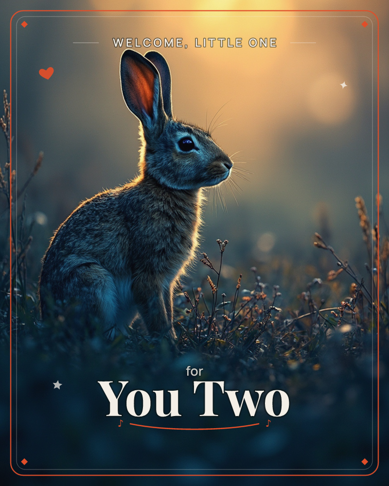 A wild rabbit sits alert among tall grasses at dusk, its ears backlit by a warm glow that cuts through the deepening blue shadows, a new baby e-card design