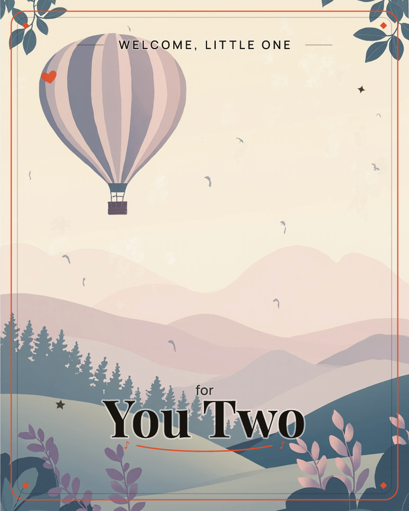 A striped hot air balloon drifts alone over layered misty hills, its basket small against rolling waves of dusty pink and blue mountains, a new baby e-card design