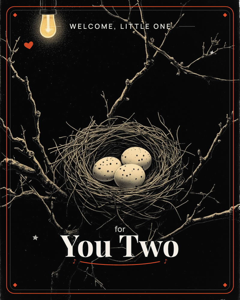 A woven nest holding three speckled eggs sits cradled among bare, tangled branches against an inky black background, a new baby e-card design