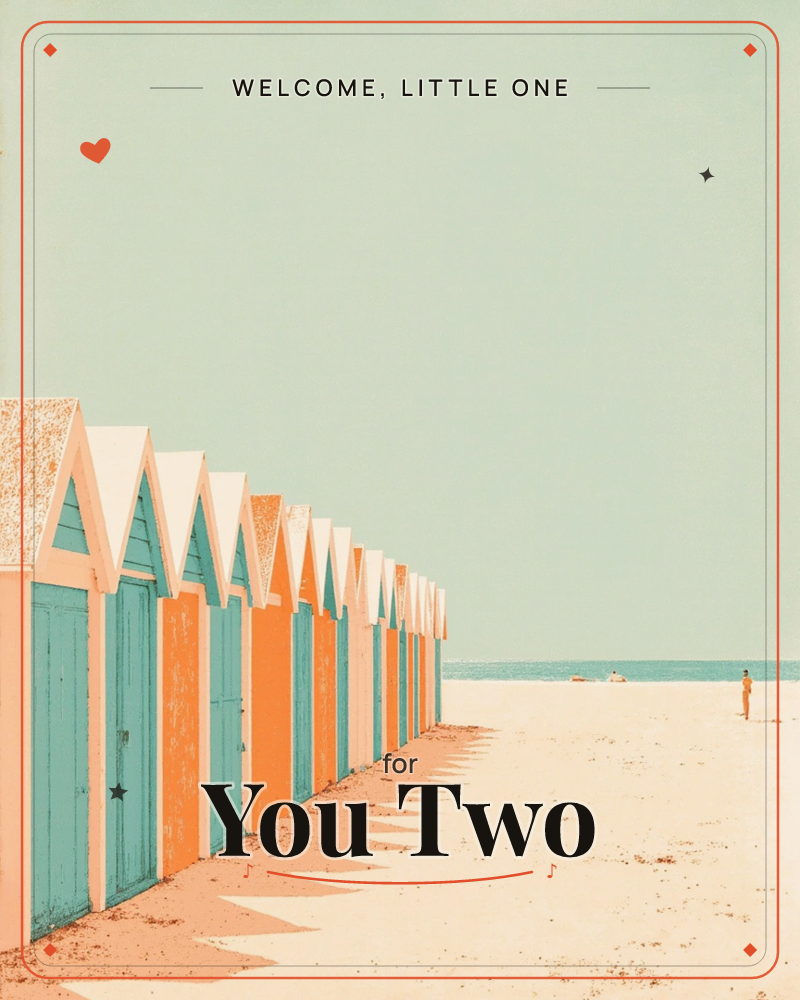 A row of peaked beach huts in alternating turquoise and orange stretches along a sandy shore under a pale mint sky, their shadows falling in sharp…, a new baby e-card design