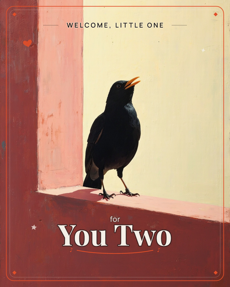 A single blackbird perches on a sunlit pink ledge, its beak open as if mid-song, set against a two-toned wall of warm terracotta and pale cream, a new baby e-card design