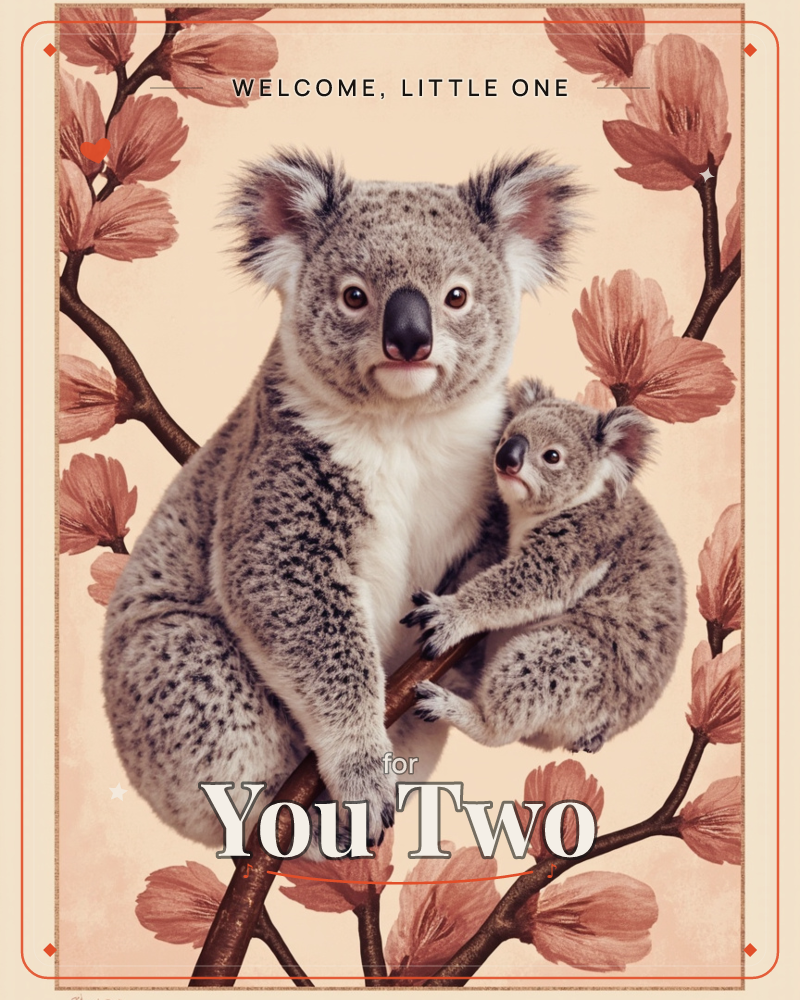 A photographic portrait shows an adult koala perched on a branch with a smaller koala nestled against its chest, both gazing forward, a new baby e-card design