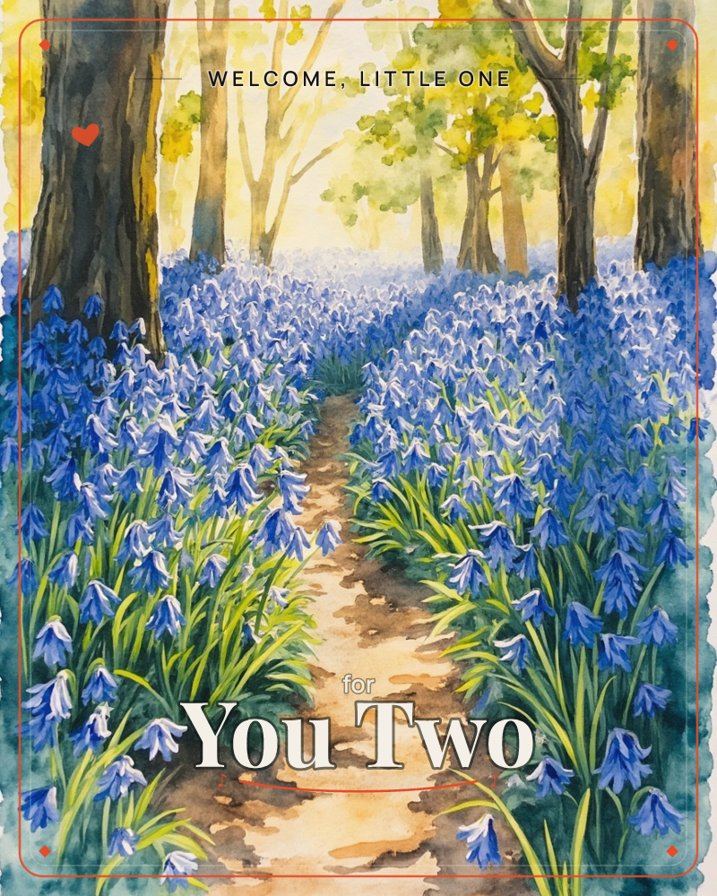 A woodland path cuts through a dense carpet of bluebells, with tall tree trunks framing the view and soft golden light filtering through the leafy…, a new baby e-card design