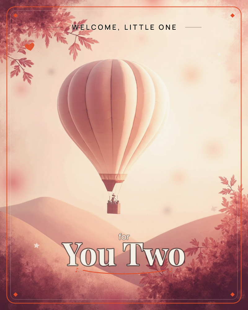 A pale pink and cream hot air balloon drifts above softly rolling hills, its basket carrying two tiny silhouetted figures, a new baby e-card design