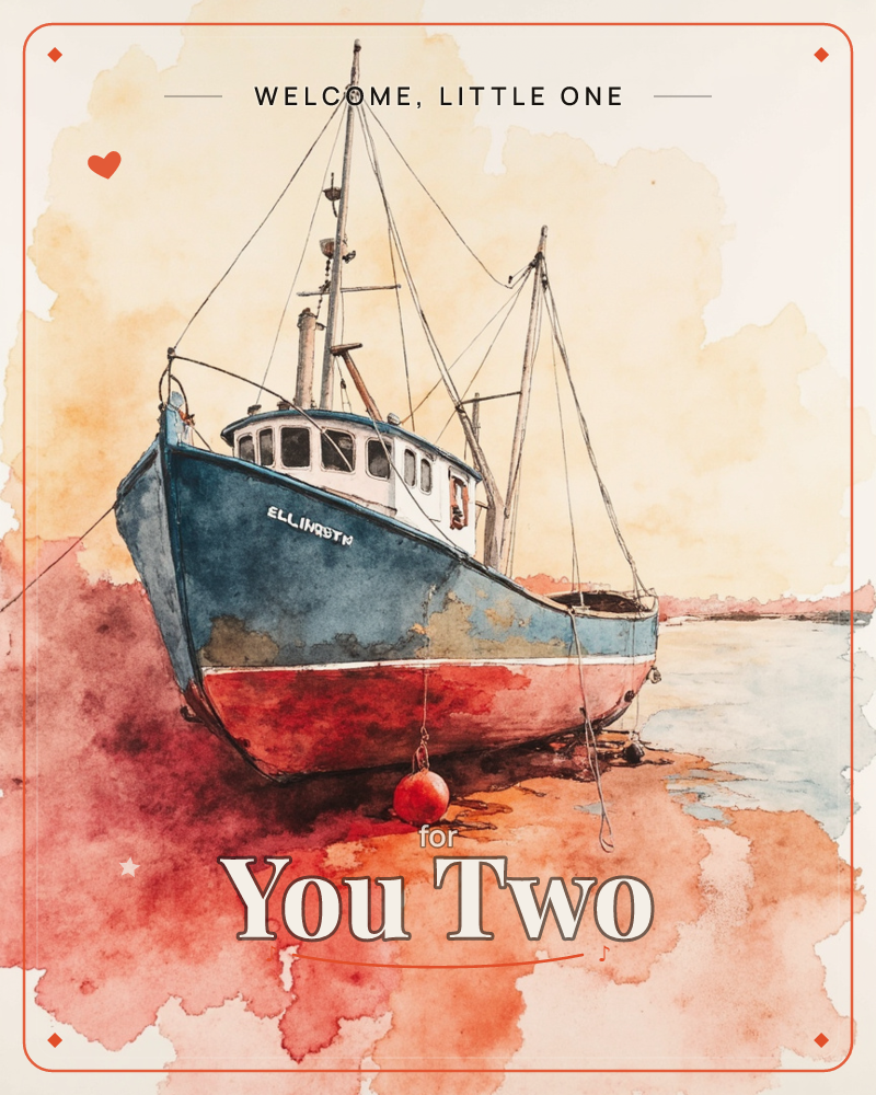 A weathered blue and white fishing boat named ELLINGTON sits grounded on tidal mud flats, its rigging lines fanning up against a warm, sunset-toned sky, a new baby e-card design