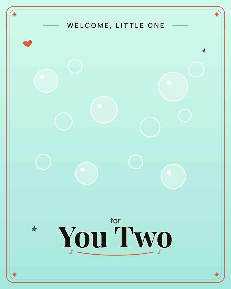 A soft mint-green background glows brighter at the centre, scattered with pale translucent bubbles of different sizes drifting upward, a new baby e-card design by @DittyCityTeam