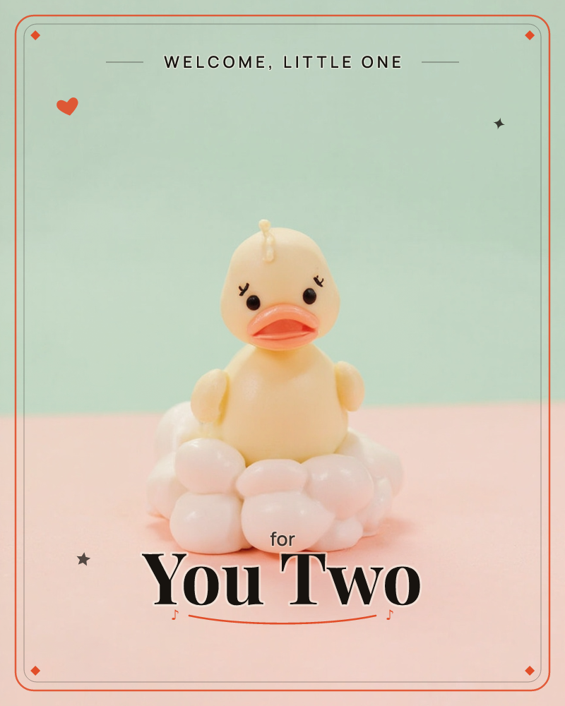 A pale yellow rubber-duck figure sits perched on a fluffy cluster of white bubble-like shapes, set against a soft mint-green backdrop and a blush pink…, a new baby e-card design