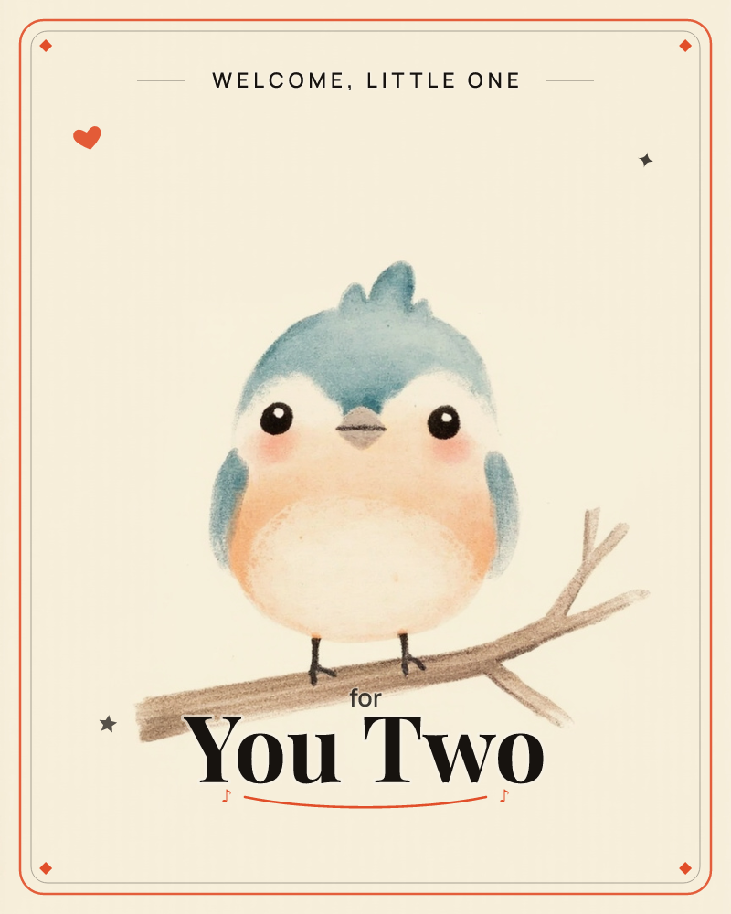 A round, wide-eyed bluebird with a blushing peach chest perches on a bare forked branch against a plain cream background, a new baby e-card design