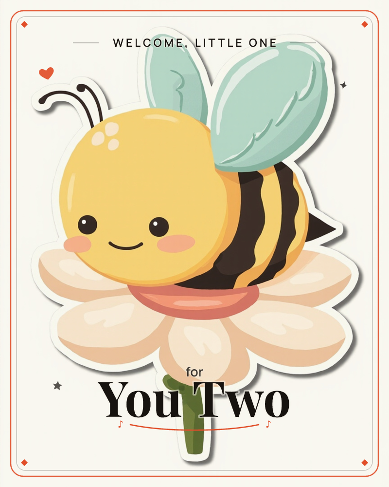 A round, smiling bumblebee with mint-green wings and rosy cheeks perches atop a pale peach flower in full bloom, a new baby e-card design