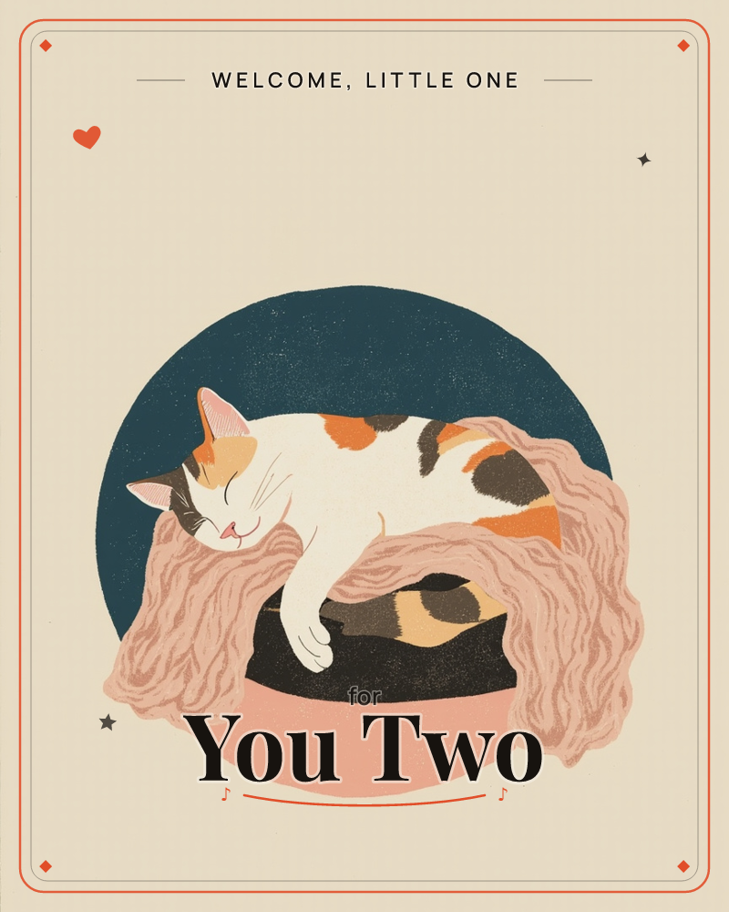 A calico cat lies curled and fast asleep atop a chunky pink knitted cushion, its patchwork fur in cream, black and orange echoing the wool beneath it, a new baby e-card design