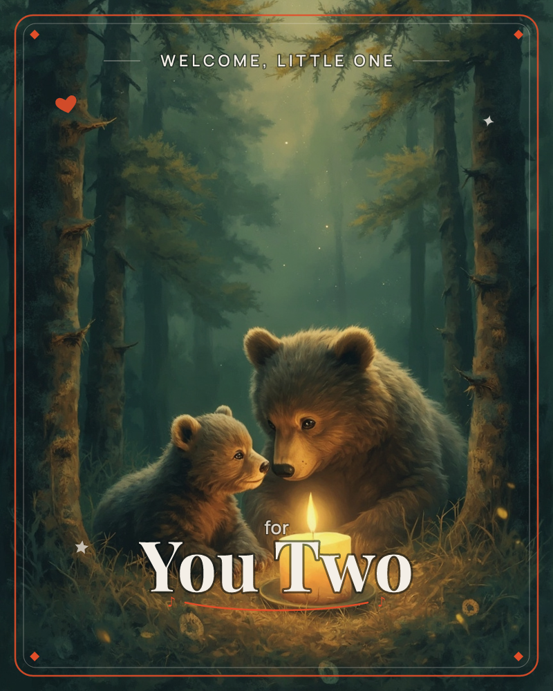 A large bear and a small cub sit face to face in a dim forest clearing, a single lit candle glowing between them, a new baby e-card design