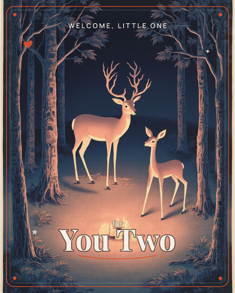 A stag and a young deer stand together in a dark forest clearing, lit warmly by a small cluster of candles glowing on the ground before them, a new baby e-card design