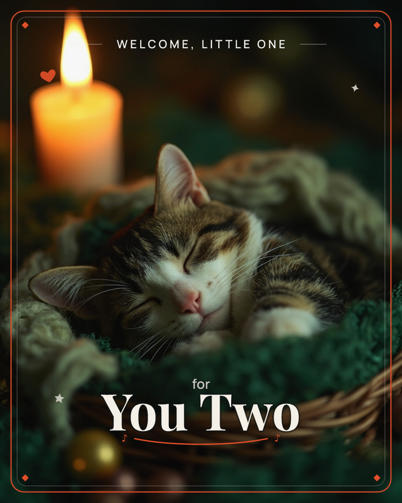 A tabby kitten curls up asleep in a woven basket lined with cream and forest-green knit blankets, its face soft and content in the glow of a lit candle…, a new baby e-card design