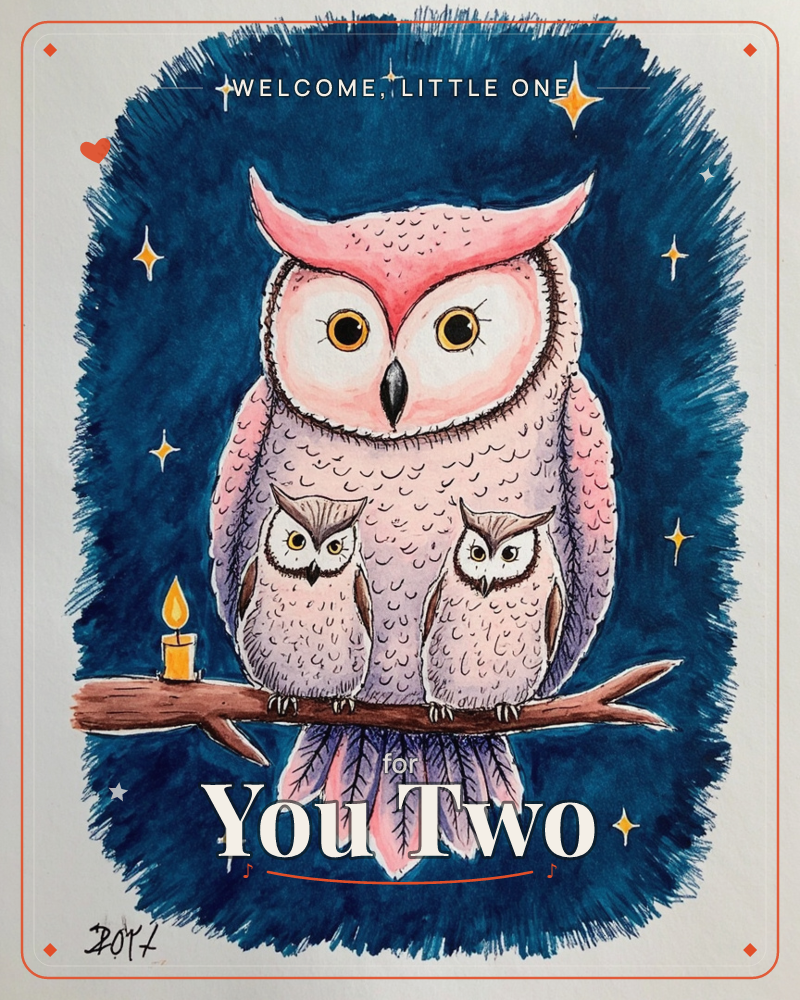A large pink-faced owl perches on a branch with two smaller owlets tucked beneath its wings, a single lit candle glowing beside them against a deep…, a new baby e-card design