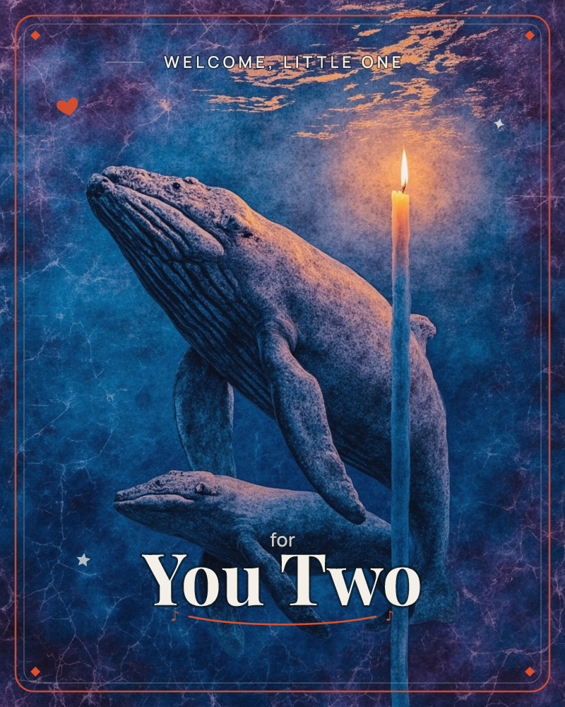 Two humpback whales, a larger one and a smaller one, drift upward through deep blue water beside a tall lit candle whose flame glows against the dark…, a new baby e-card design