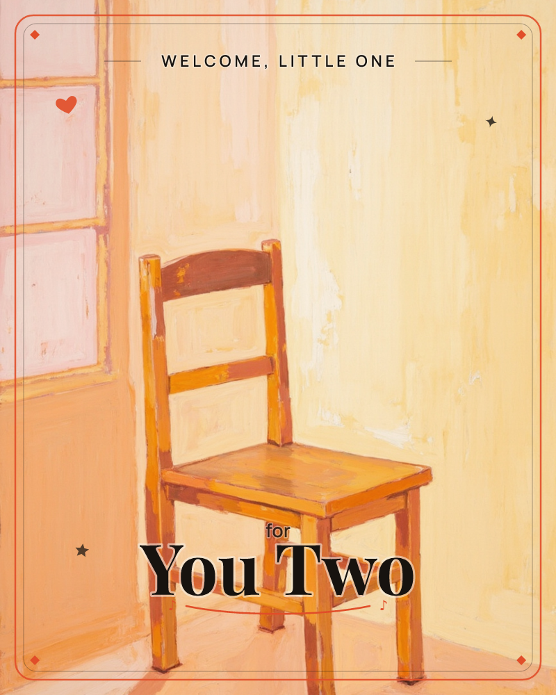 A simple wooden chair sits empty in the corner of a sunlit room, painted in warm loose brushstrokes of ochre and peach, a new baby e-card design