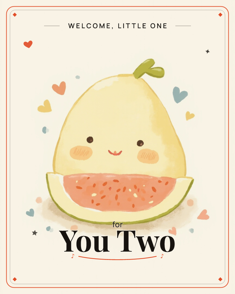 A pale yellow melon character with a happy face and blushing cheeks stands above its own sliced fruit, revealing a pink watermelon-like interior with…, a new baby e-card design