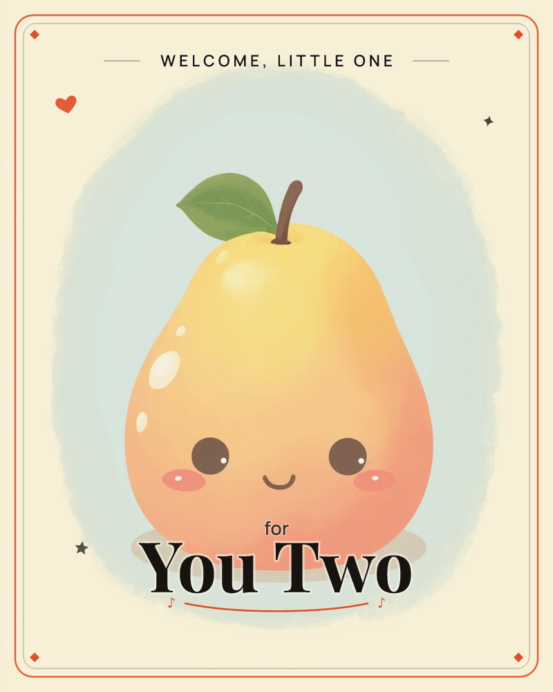A single pear with a round, rosy-cheeked face smiles gently against a soft pale blue cloud shape, set on a warm cream background, a new baby e-card design