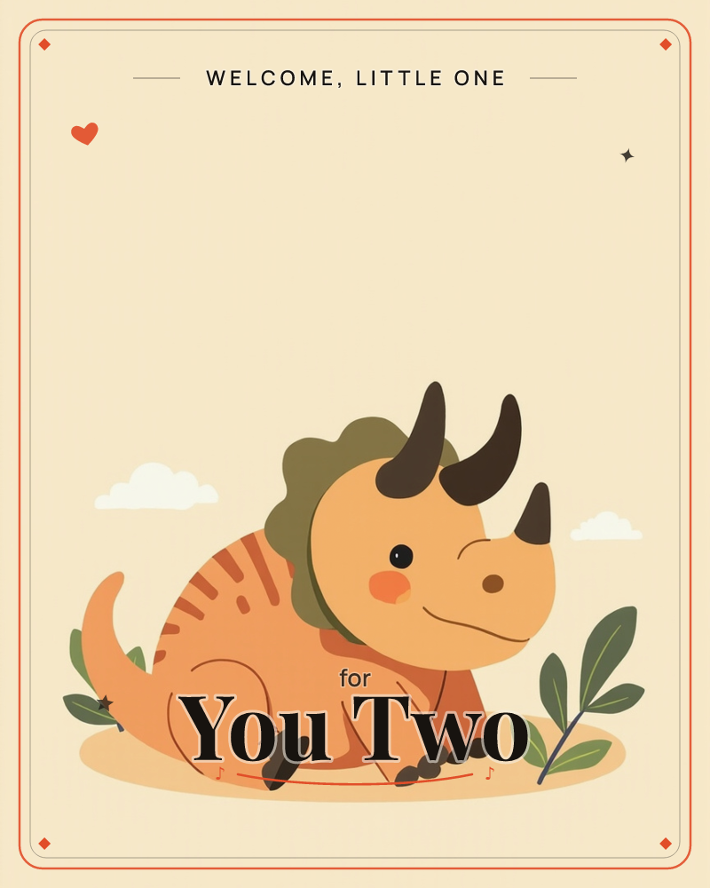 A cheerful orange triceratops with a sage-green frill sits contentedly on a sandy patch, flanked by simple green leaves and two puffy clouds against a…, a new baby e-card design
