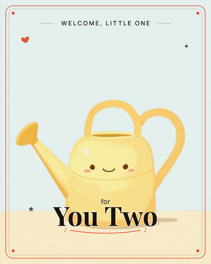 A cheerful yellow watering can with a smiling face sits alone on a pale sandy surface against a soft mint-blue background, a new baby e-card design