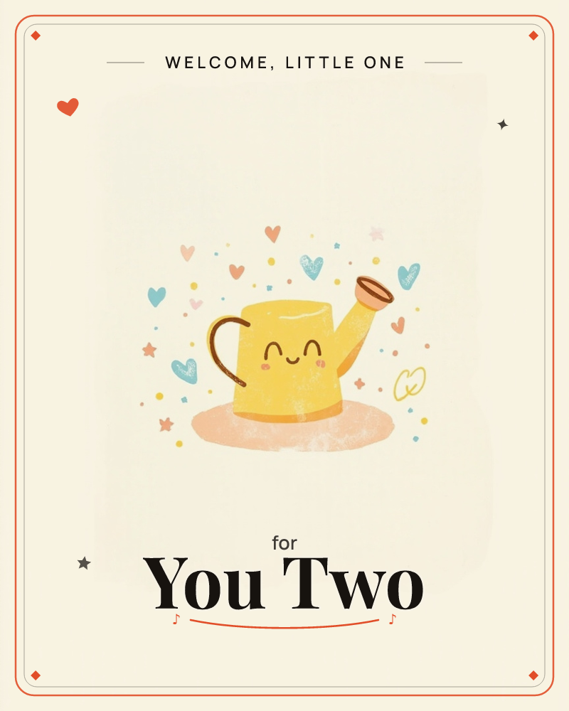 A cheerful yellow watering can with a smiling blushing face sits on a soft peach puddle shadow, surrounded by scattered hearts, stars and dots in pink…, a new baby e-card design