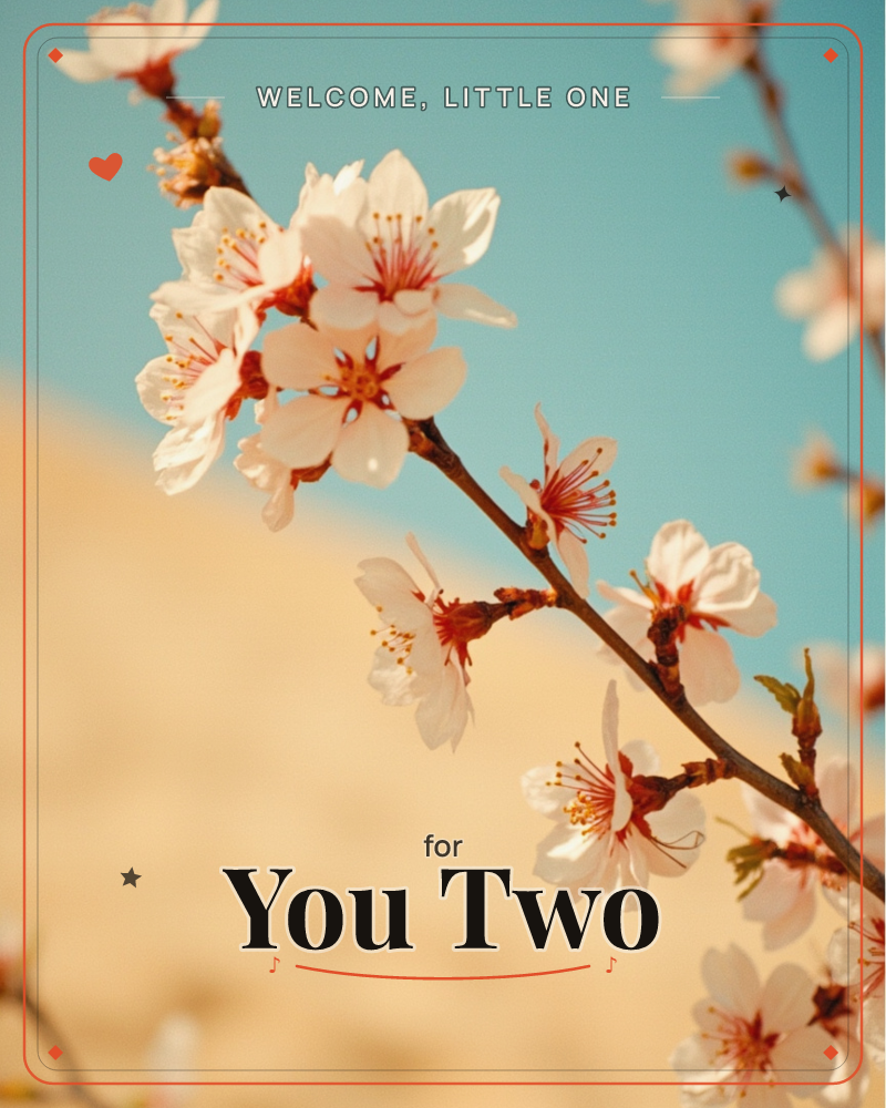 A close-up photograph of cherry blossom branches, white petals with red-tipped stamens catching the sunlight against a soft blue sky and hazy golden…, a new baby e-card design