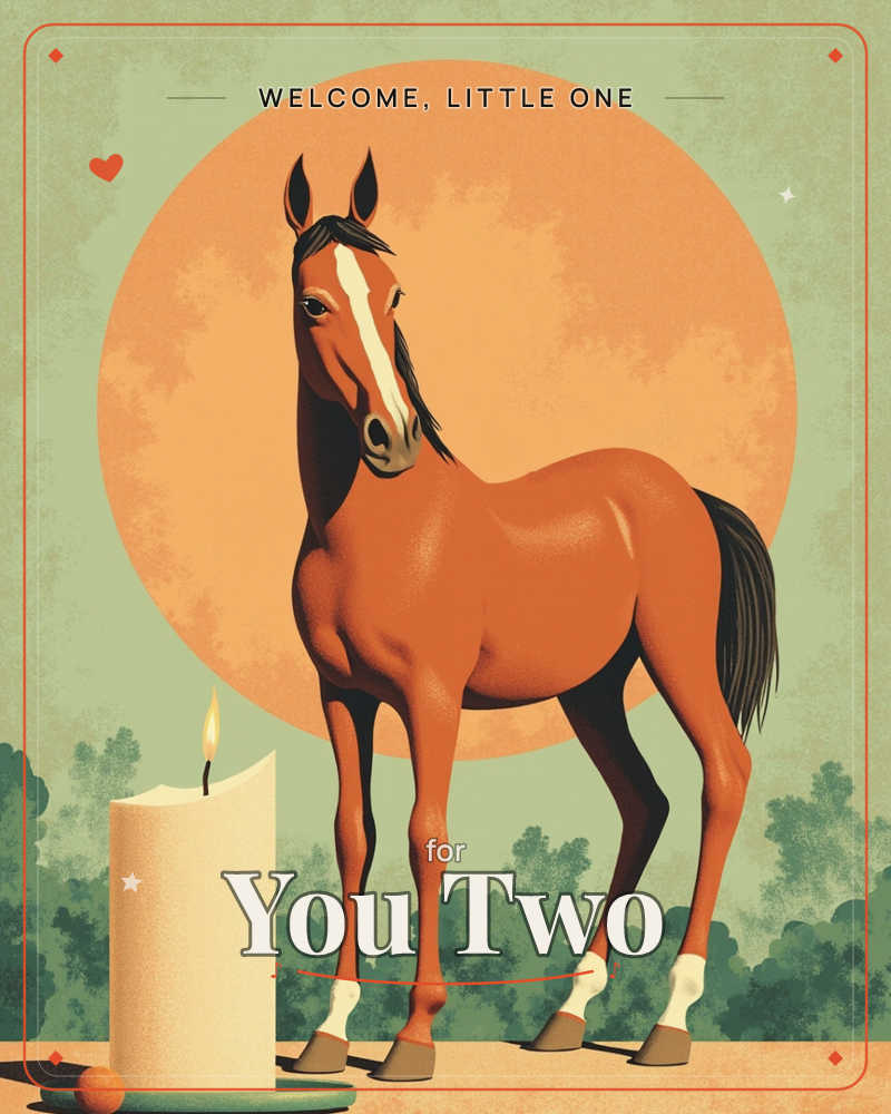 A chestnut horse with a white blaze stands proud in front of a large glowing orange sun-disc, its dark mane and tail cut in bold silhouetted strokes, a new baby e-card design